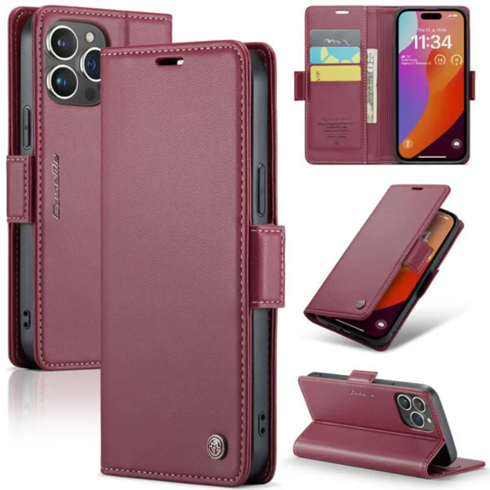 CaseMe 023 For iPhone 15 Pro Max Retro PU Leather Wallet Case Butterfly Buckle w